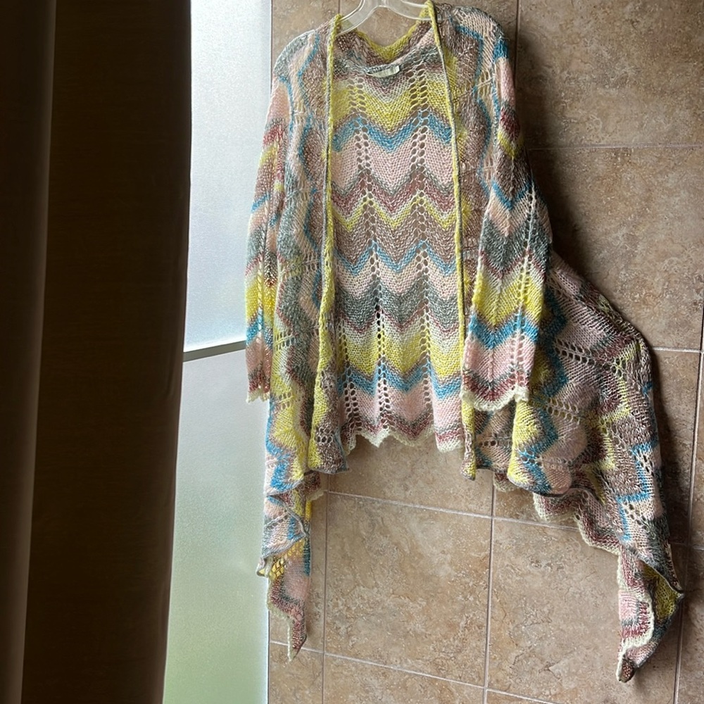 Relais Knitwear Cascading Waterfall Chevron Cardigan Wrap Loose Knit Crochet L